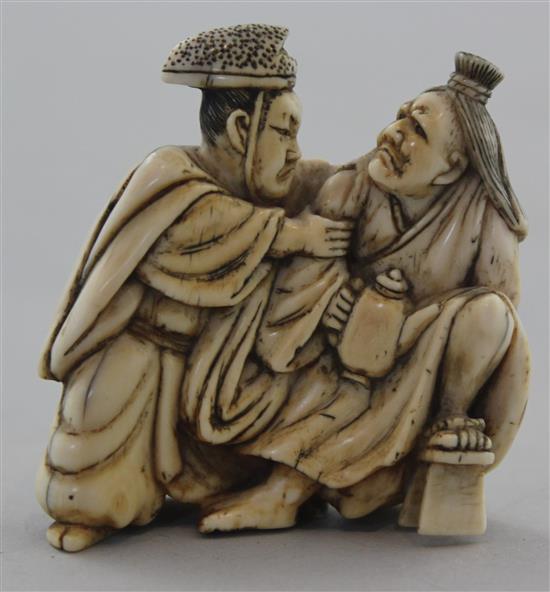 A Japanese ivory netsuke of Tadamori catching the oil thief, Edo period, 5.2cm